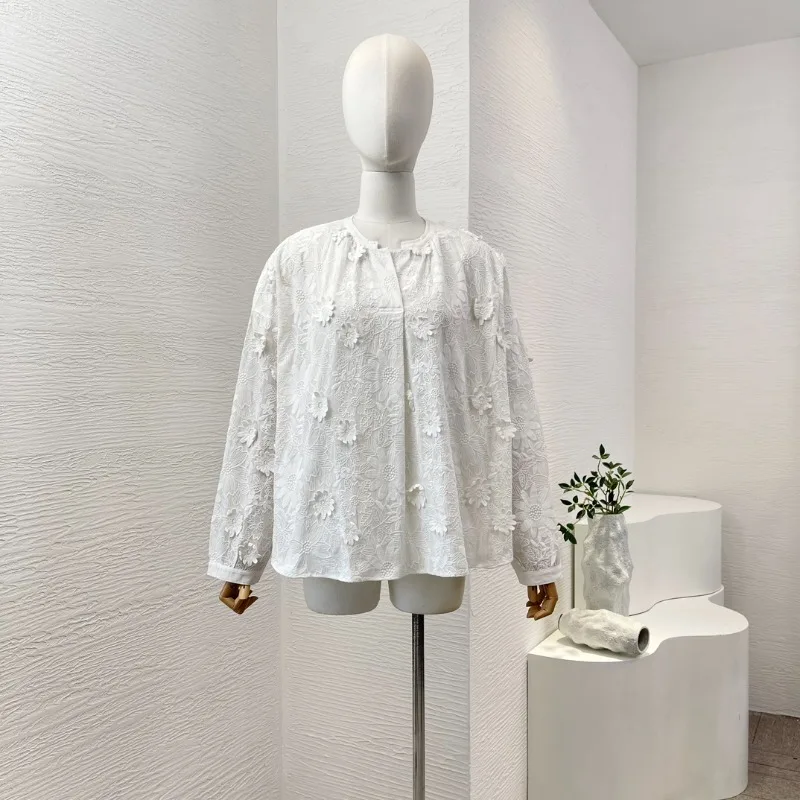 

White Three Dimensional Flowers Embroidert Long Sleeve Blouse Cotton 2025