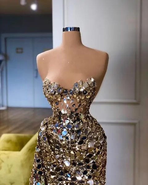 Strapless Gillter Mirror Mermaid Prom Dresses with Side Train Sparkly Sequins Crystal African Aso Ebi Arabic Evening Gown Robes