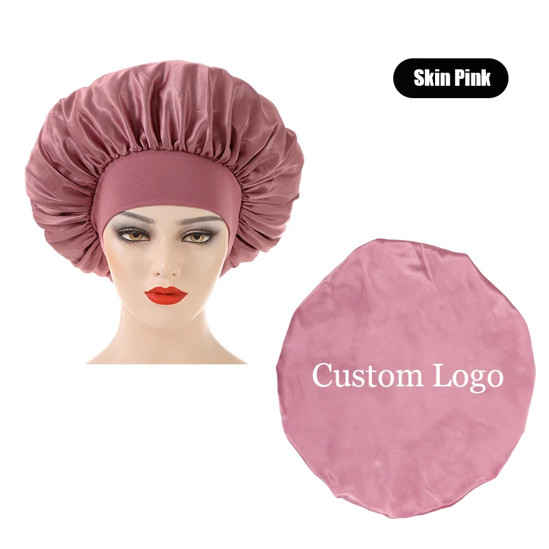 Gorro de satén con logotipo personalizado para mujer, banda ancha cómoda de 6Cm, protección suave para el cabello, cubierta para la cabeza, accesorios de baño, 10 piezas