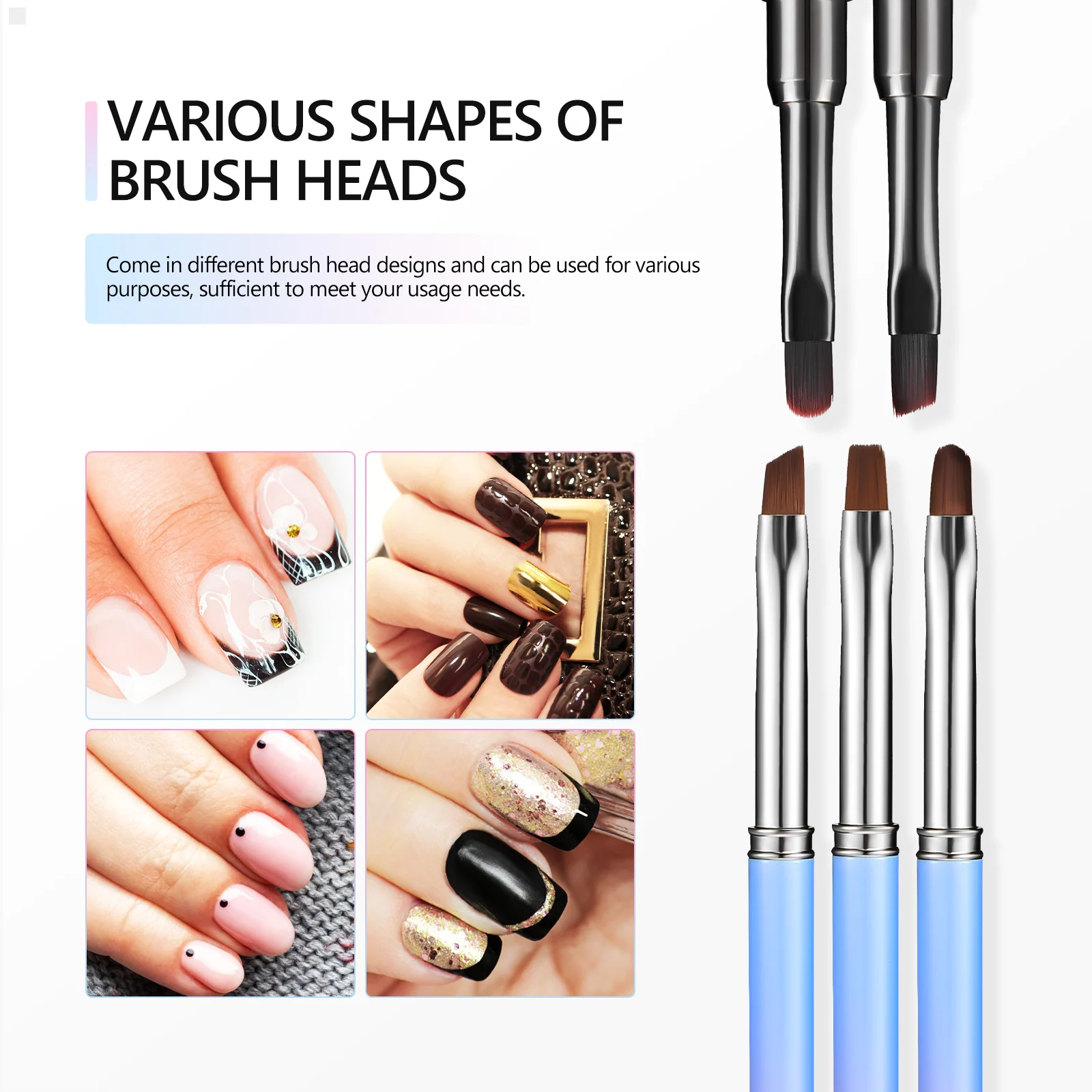 5本セット ネイルアートブラシ フラット ラウンド アングルヘッド クリーンアップブラシ ポリッシュ除去 マニキュア ジェルエクステンション サロン 家庭用 耐久性