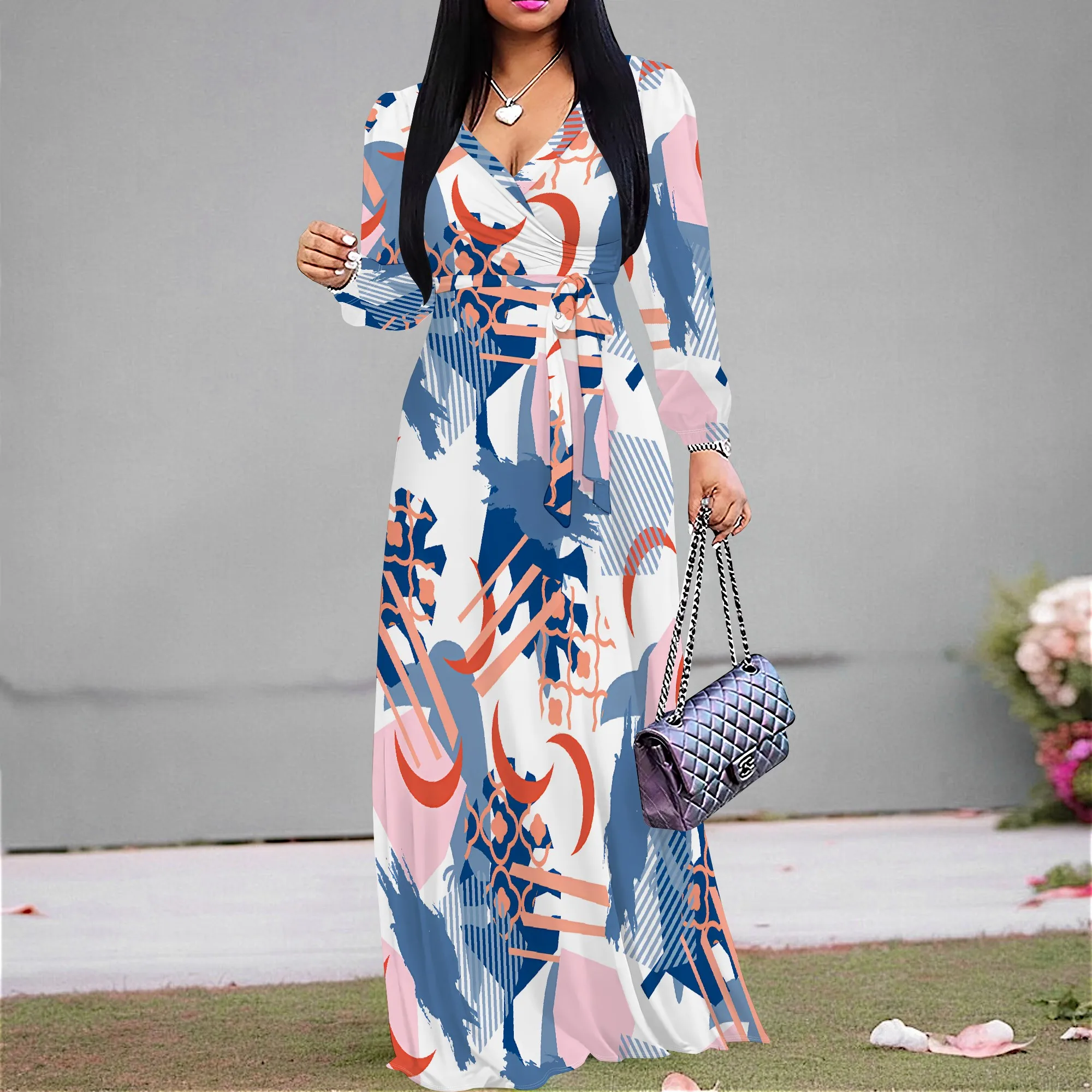 

Women's Brown Paisley Long-Sleeve V-Neck Printed Maxi Dress with Belt Polyester Travel Fall Exotic