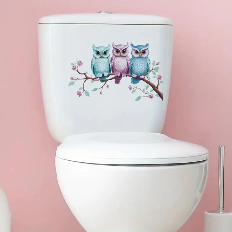 Owl Branch Toilet Cover Sticker Decals,Fish Bird Flower Leaf Waterproof Toilet Lid Tank Seat Decals Cistern Selfadhesive