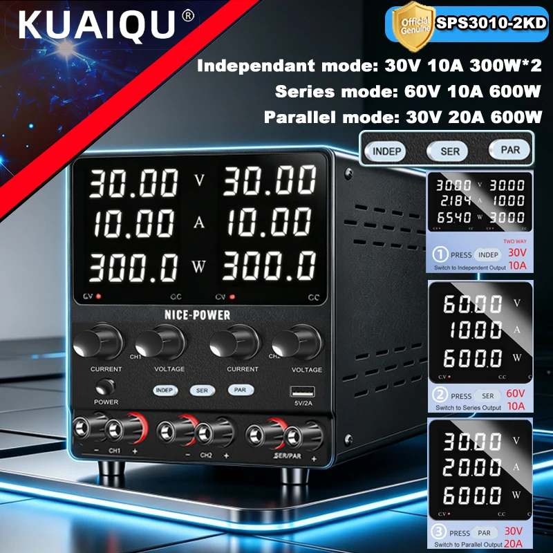 NICE-POWER Multi-channel Lab Power Supply 30V 10A CH1 CH2 USB Series 60V 10A Parallel 30V 20A Power Supply Negative Voltage