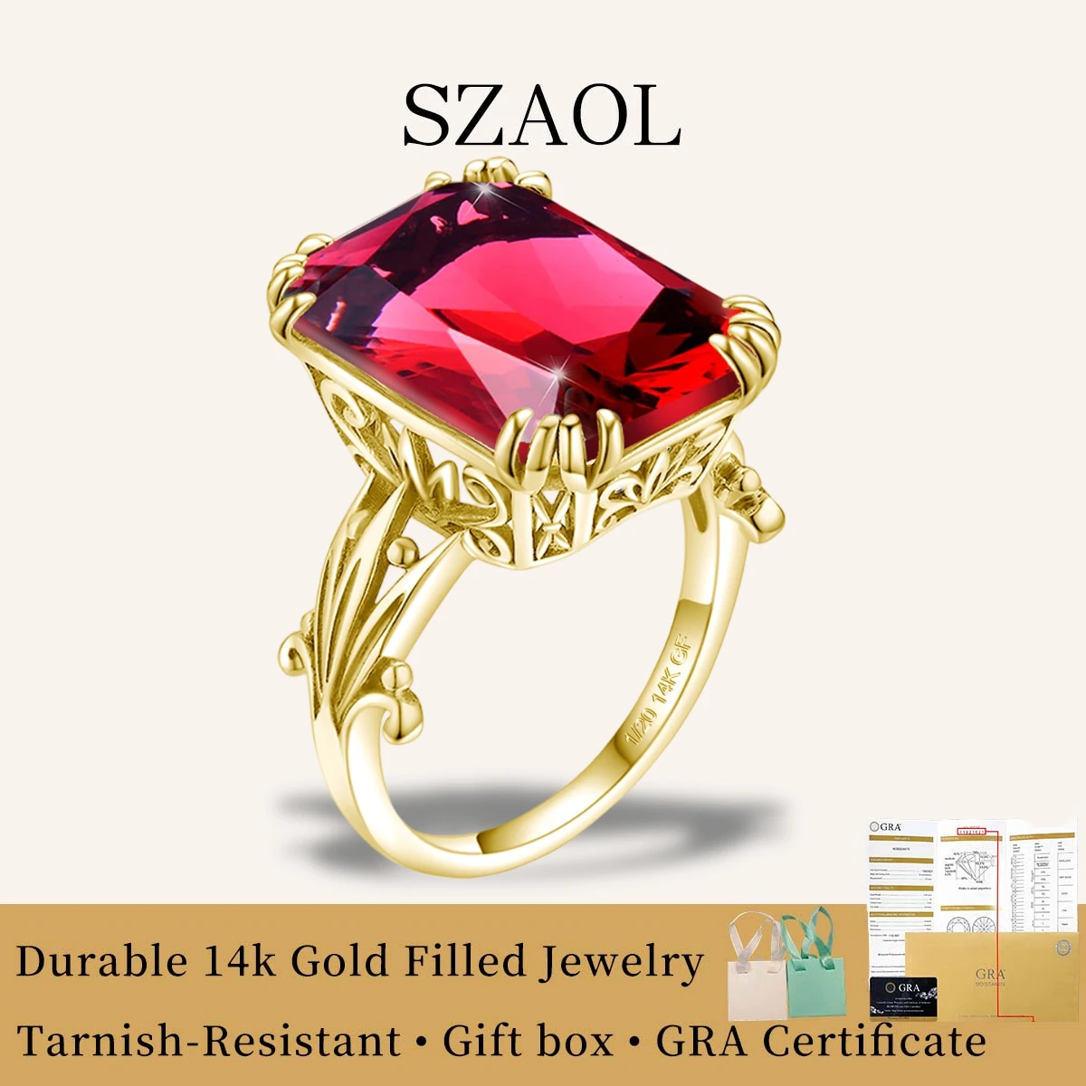 

14K Gold Filled 13*18mm Emerald Cut Birthstone Women's Rings Silver 925 Garnet Gemstone Cocktail Ring Party High Quality Jewelry