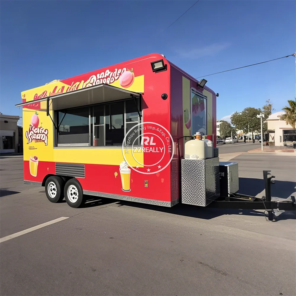 Camiones de comida móviles con logotipo personalizado, carrito de comida comercial de Catering totalmente equipado con cocina completa