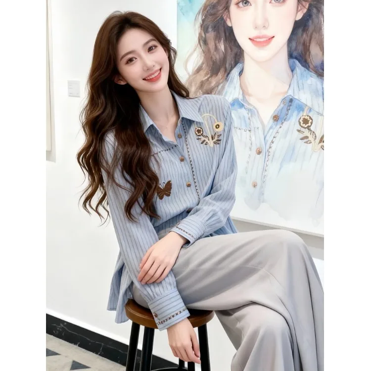 

Chic Blue Collared irt Korean Sle Spring 2026 Beautiful Unique Faionable Women's Long Sve Polyester Fiber irt