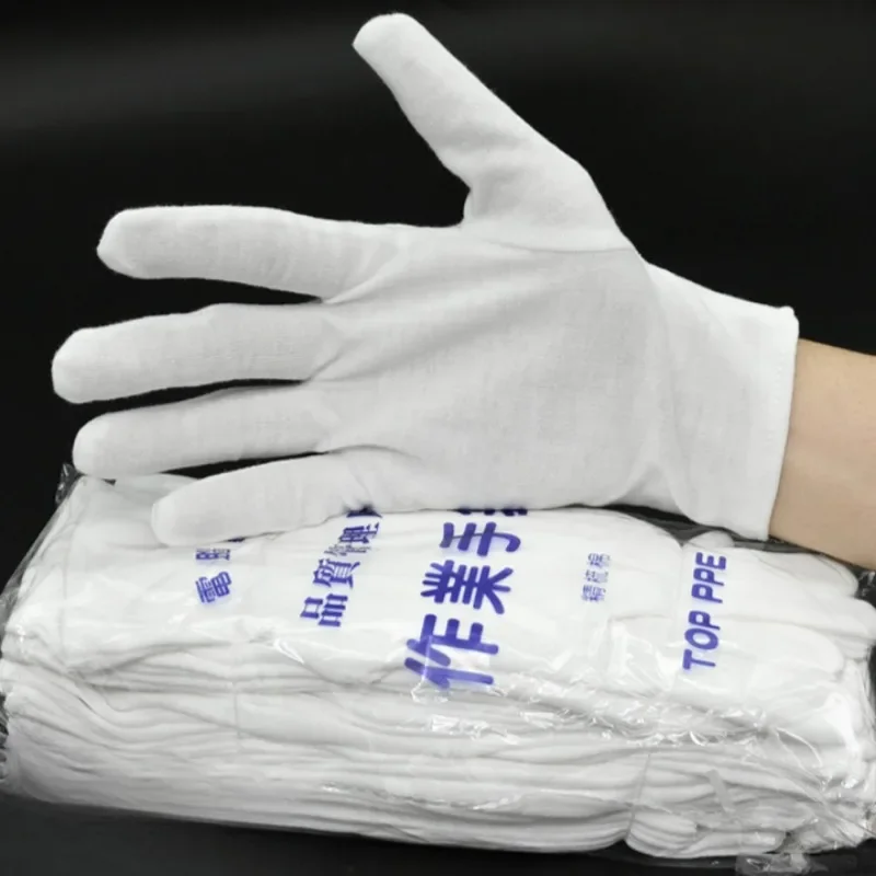 Guantes de limpieza blancos, Control de calidad fino, etiqueta de juego, Protección Laboral, paño para el sudor, algodón blanco resistente al desgaste, 1/20 pares