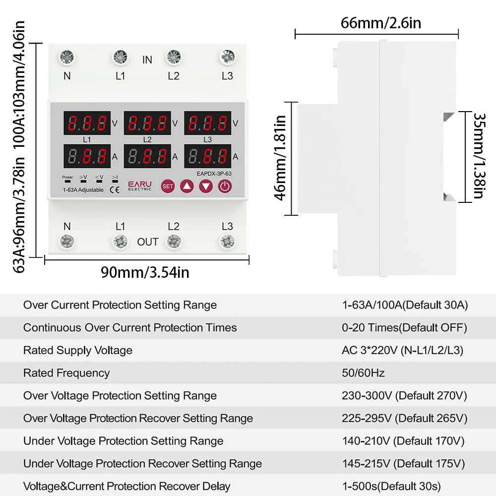 Three Phase Voltage Current Adjustable Over Under Voltage Current Limit Protection Relay Protector 3*220V 380V 63A 100A Din Rail