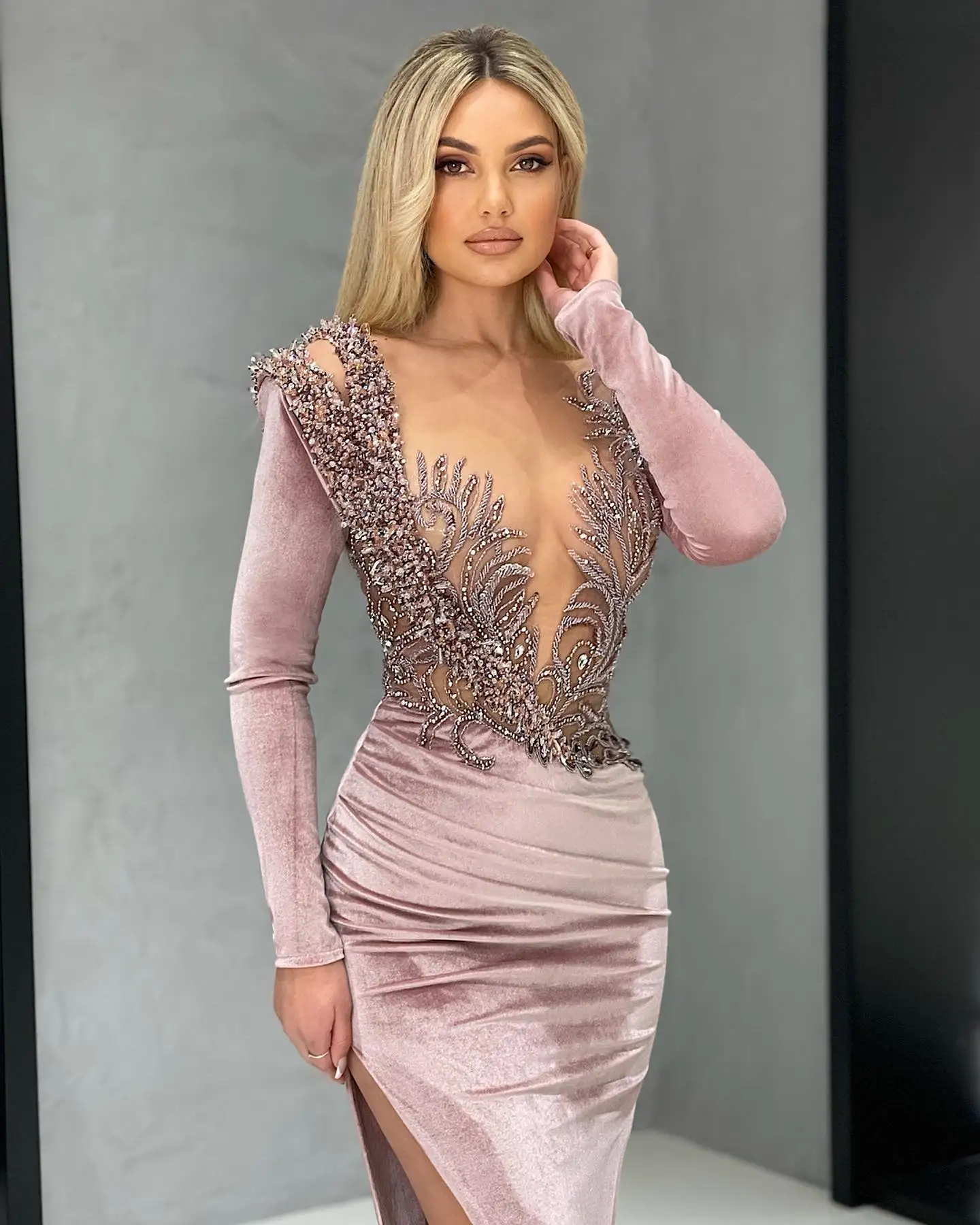 Pink Mermaid Prom Dress Sexy Sheer Neck Long Sleeves Side Slit Evening Party Gowns Women Elegant Custom Made Vestido De Gala