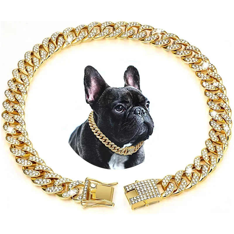 Luxury Gold Dog Chain Collar, Cuban Link Choke Collar for Small Medium and Large Dogs and Cats, Pet Jewelry Accessories