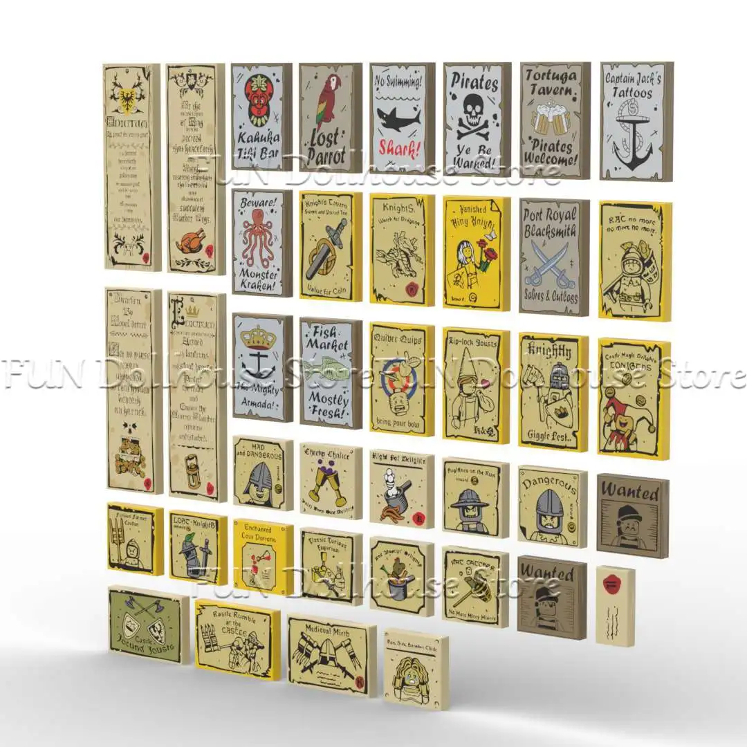 MOC Custom Printed Tile Medieval Poster Building Blocks Military Castle Wolf Knight Accessories Wizard Billboard Witch Brick Toy