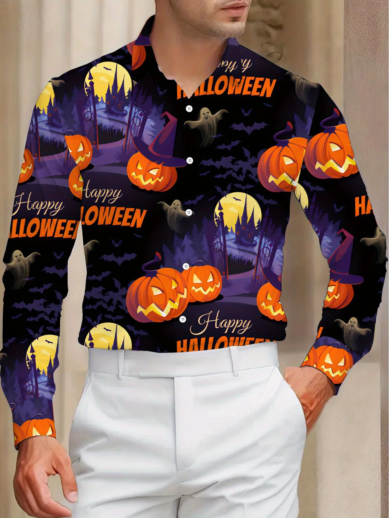 Men Long-Sleeve Button-Down Shirt Black Purple Halloween Pumpkin Bat Print Polyester Lapel Collar Party Top