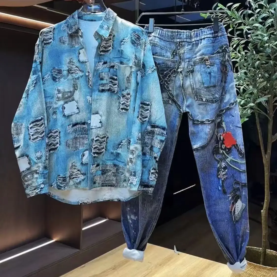 

Retro Hong Kong Sle Men's Casual Cotton irt Set Vintage Print Loose Fit Long Sve Two-Piece Suit for Young Faionistas