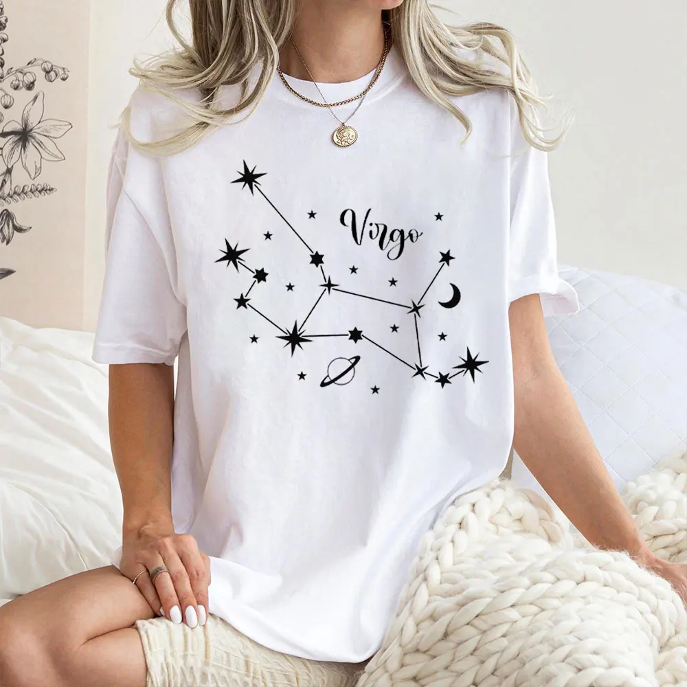 

2025 Fun Astrology Women's T-shirt Summer High Quality Tshirts Virgo Graphic Printed Short Sleeve Shirt for Both Men and Women