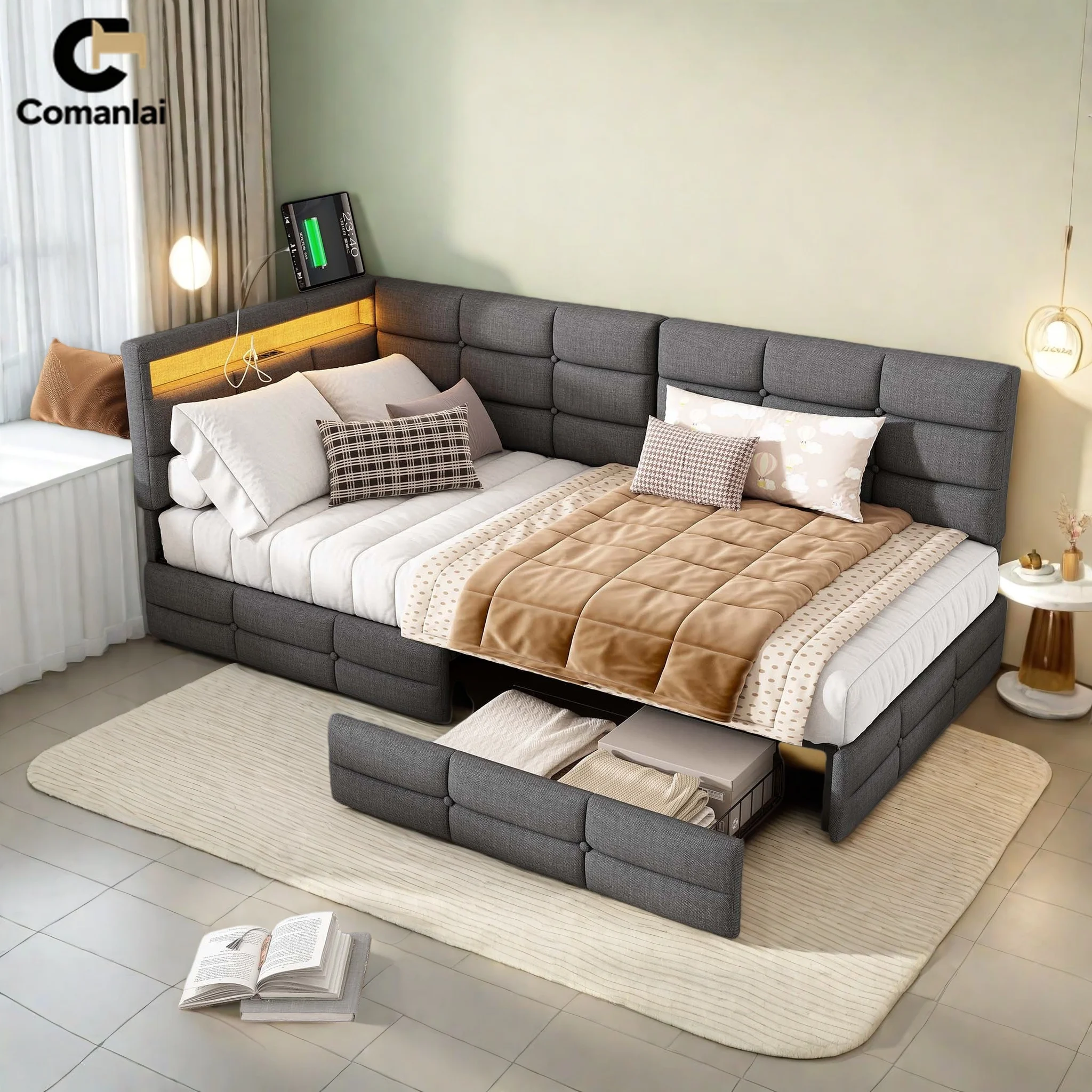 Comanlai Sofá Cama de 90x200cm/140x200cm con 2 Cajones y Luz LED, Cama Doble Tapizada con Puerto de Carga USB y Estructura de Láminas