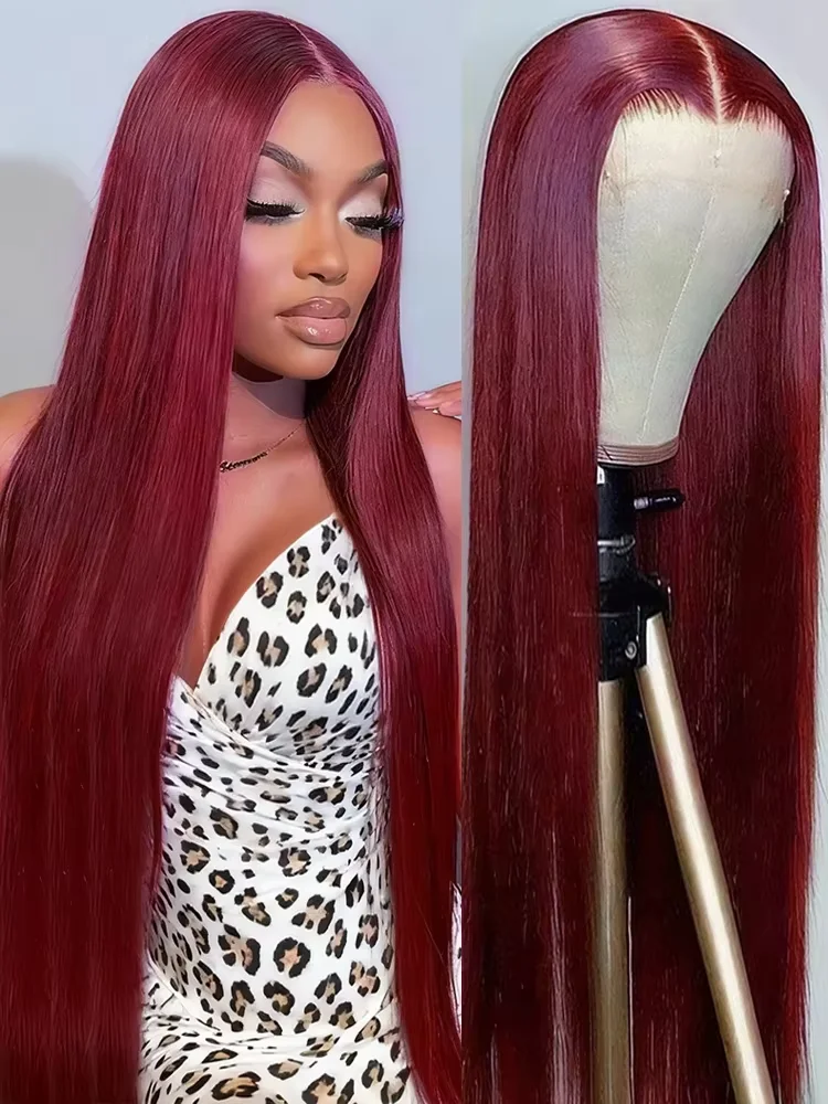 

250% Density 13x6 HD Lace Front Human Hair Wigs 99J Burgundy 30 32 Inch Peruvian Straight 13x4 Glueless Lace Frontal Closure Wig
