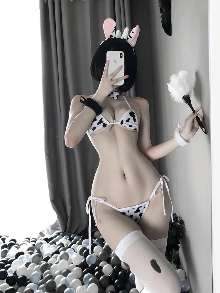 Anime Lolita Cow Cosplay Bikini Set Costume Maid Outfits Women Sexy Lingeire Bra and Panty with Tail Headband Stockings Set