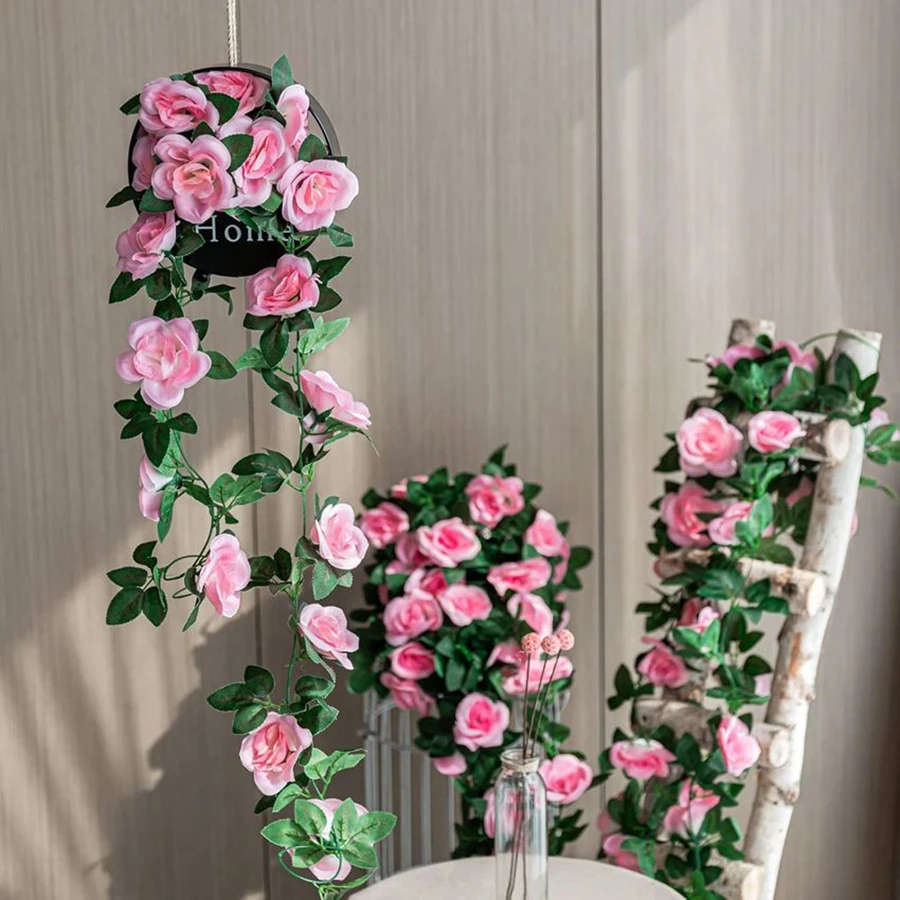 

Silk Rose Artificial Flower Vine Hanging Lattice Wall Christmas Rattan Leaves Garland Outdoor Wedding Home Table Diy Decoration