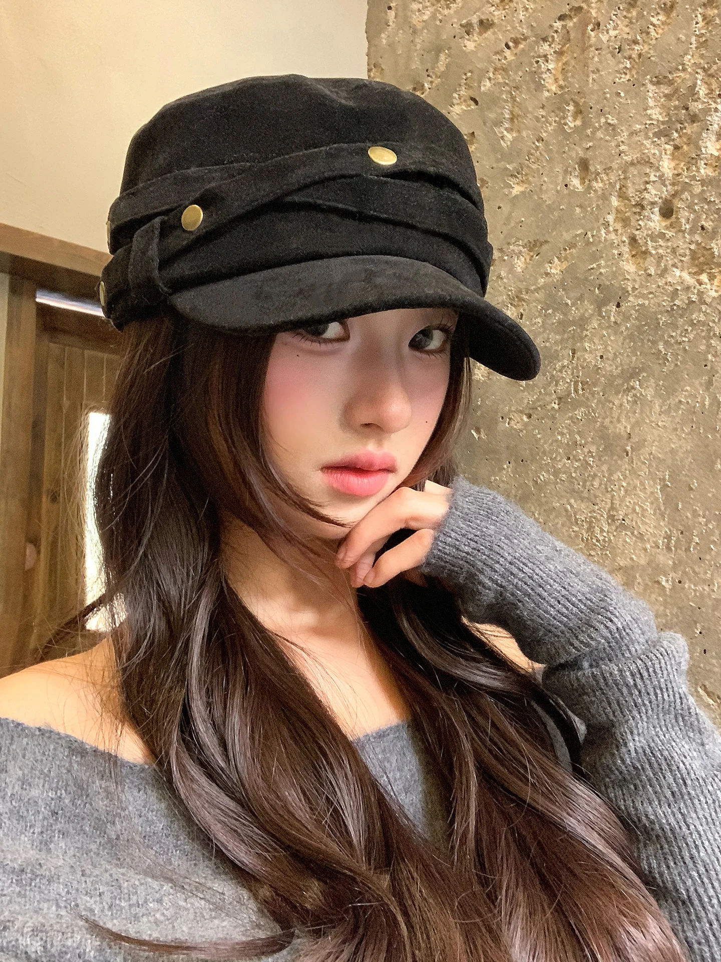 Retro Japanese Style Rivet Flat Top Beret Hat Women Large Head Size Casual Versatile Face Slimming Newsboy Cap Adjustable Buckle