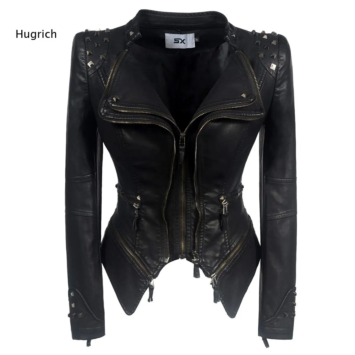 Women Irregular Hem Faux Leather Biker Coat Metal Stud Shoulder Decor Multi Zipper Slim Fit Outerwear For Night Occasions