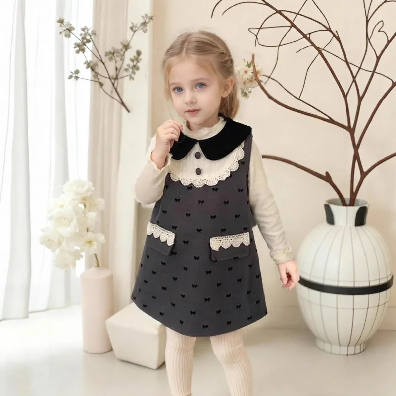 

Girls Set 2025 Autumn Winter Korean Style Fashion Trendy Patchwork Lace Polka Dot Dress Long Sleeve Top Two Piece Set