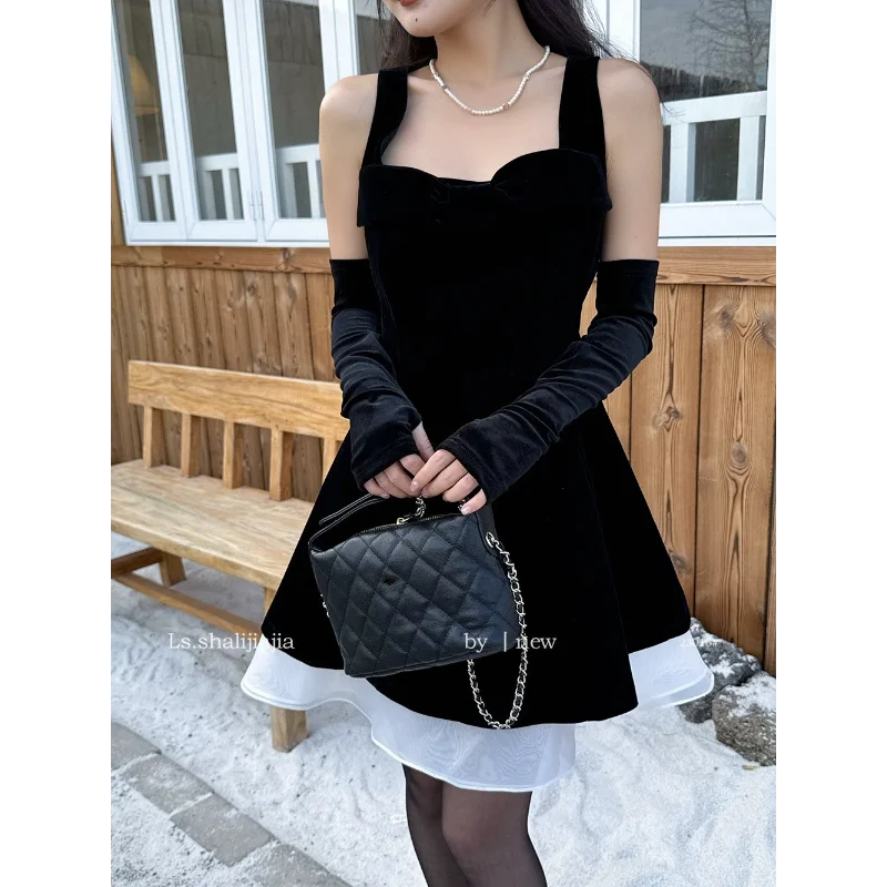 

Модное черное бархатное вечернее платье без рукавов для женщин Хепберн, милое сексуальное короткое женское короткое платье с вышивкой на день рождения