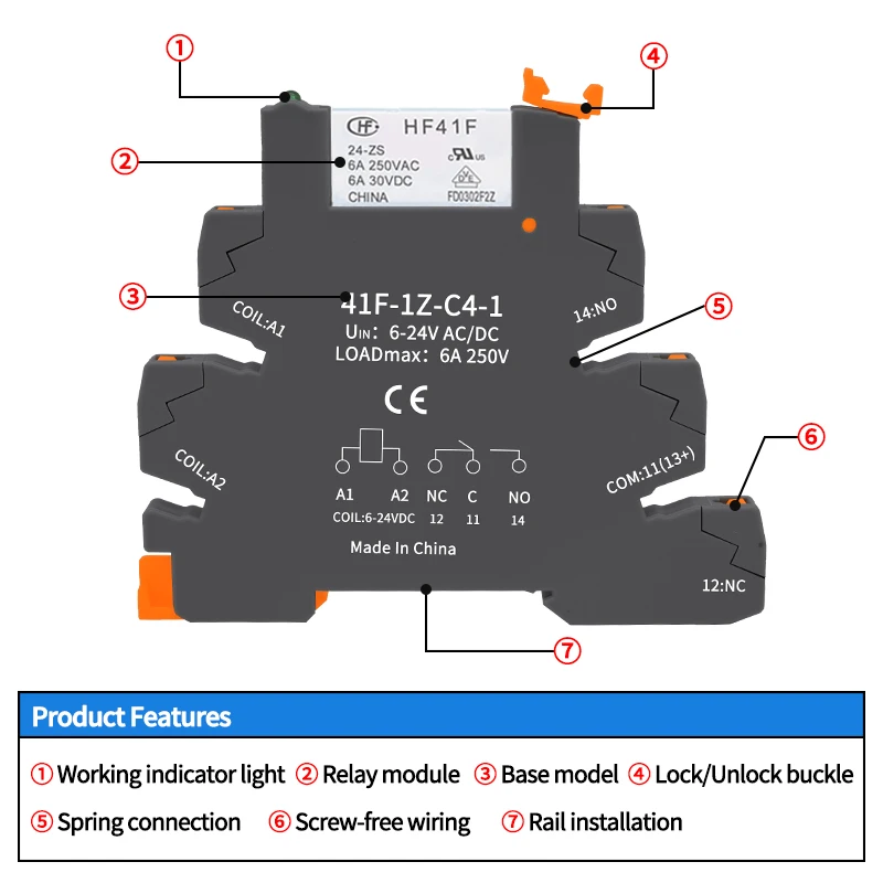 Imagem -04 - Módulo de Relé Trilho Din com Led Relé de Alta Frequência Slim 5v 12v 24v 41 a 41f5-zs 41f12-zs 41f24-zs 10 Pcs