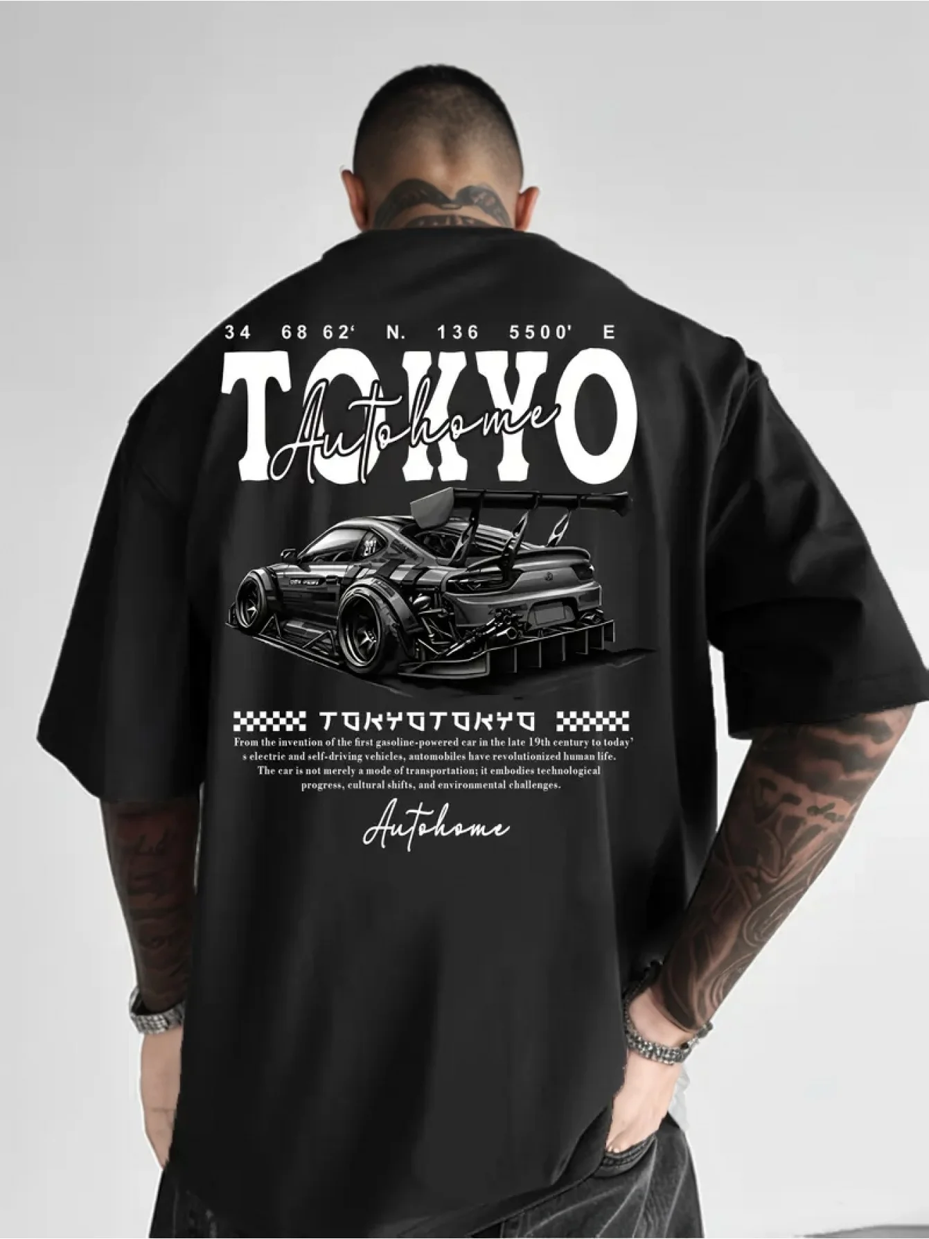 Tokyo Street Racing Car Print with Coordinates on 100 Cotton Mens T Shirt Great for Summer Streetwear and Urban Outings
