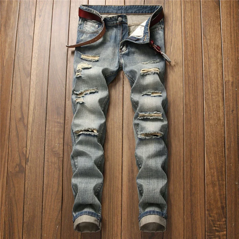 

High Street Men's Ripped Straight Jeans Vintage Washed Slim Cotton Denim Trousers Autumn Male Distressed Cowboys Casual Pants