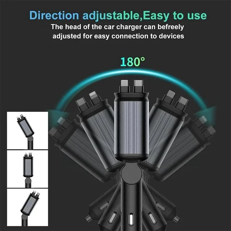 4 In1 Retractable Car Charger With USB Fast Charging Cable Starlight In Auto Roof Atmosphere Light For Iphone Samsung