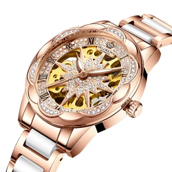 ORKINA Iced Out Women Automatic Watch Luxury Diamond Crystal Mechanical Skeleton Ceramic Stainless Steel Strap Ladies Wristwatch