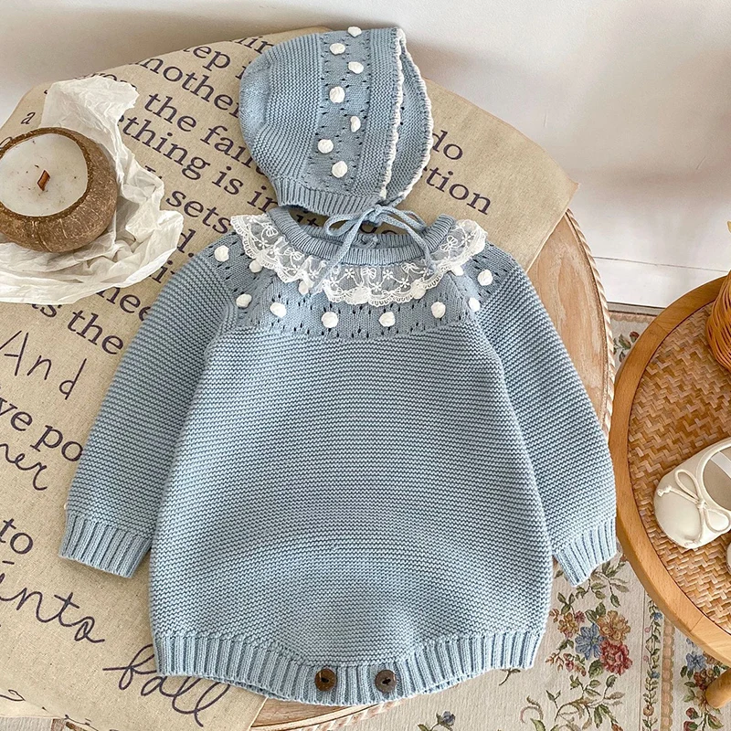 

Autumn Winter Baby Girl Knitted Clothing Newborn Baby Girls Knitted Bodysuits+Hat Infant Baby Girls Knitted Jumpsuit