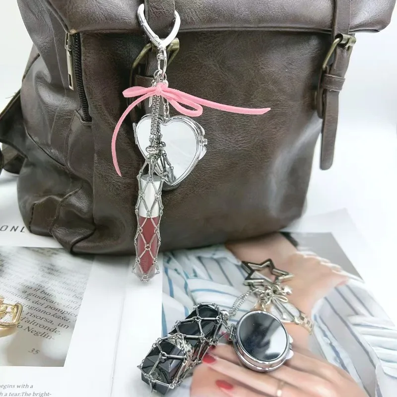 Kreative Lippenstift-Netztasche mit Bärenspiegel, Metallkette, Lippenbalsam-Beutel, Edelstahl-Tasche, Schlüsselanhänger, individuelles Logo, Geschenk für Frauen