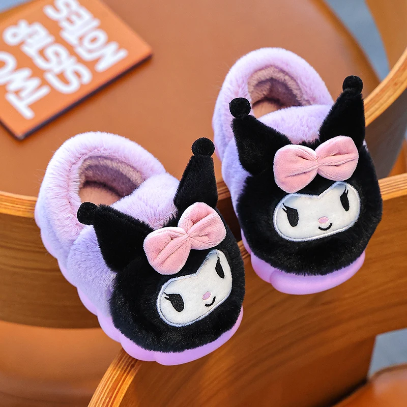 Winter Cute Cartoon Cover Heel Children\'s Fluffy Slippers Soft Non-slip Warm Flat Mule Boys Girls Teen Indoor Home Cotton Shoes