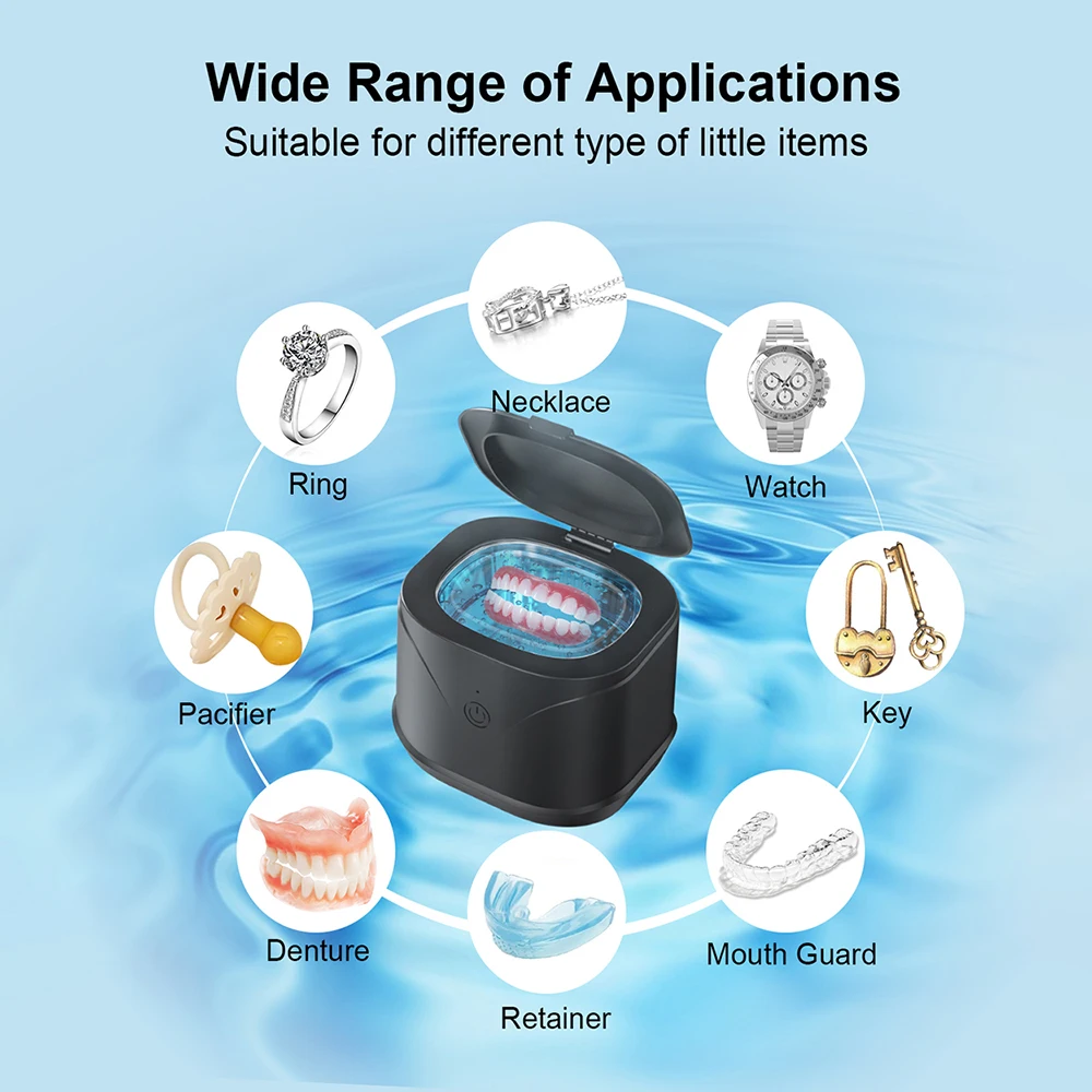 Ultrasonic Cleaner Machine 46000Hz Portable Ultrasonic Jewellery Cleaner for Dental Retainer Mouth Guard Watch Ring Cleaner Bath