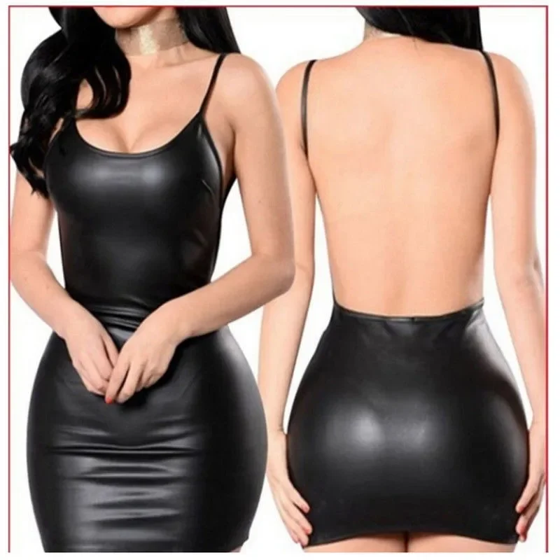 New Tight Ins Patent Leather High Elastic Sling Backless Sleeveless Dress Hip-Wrapped Short Outer Wear Leather Skirt