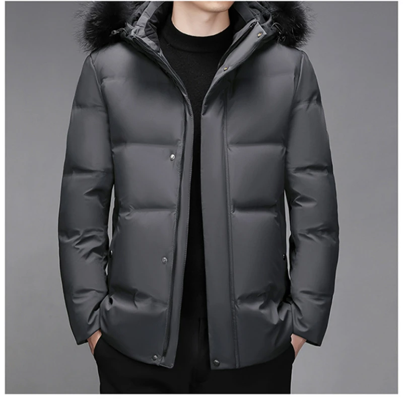 High-end Down Jacket Men's Winter Fashion Classic Wool Collar Hooded White Duck Down Warm Coat Business Middle-aged Short Parka