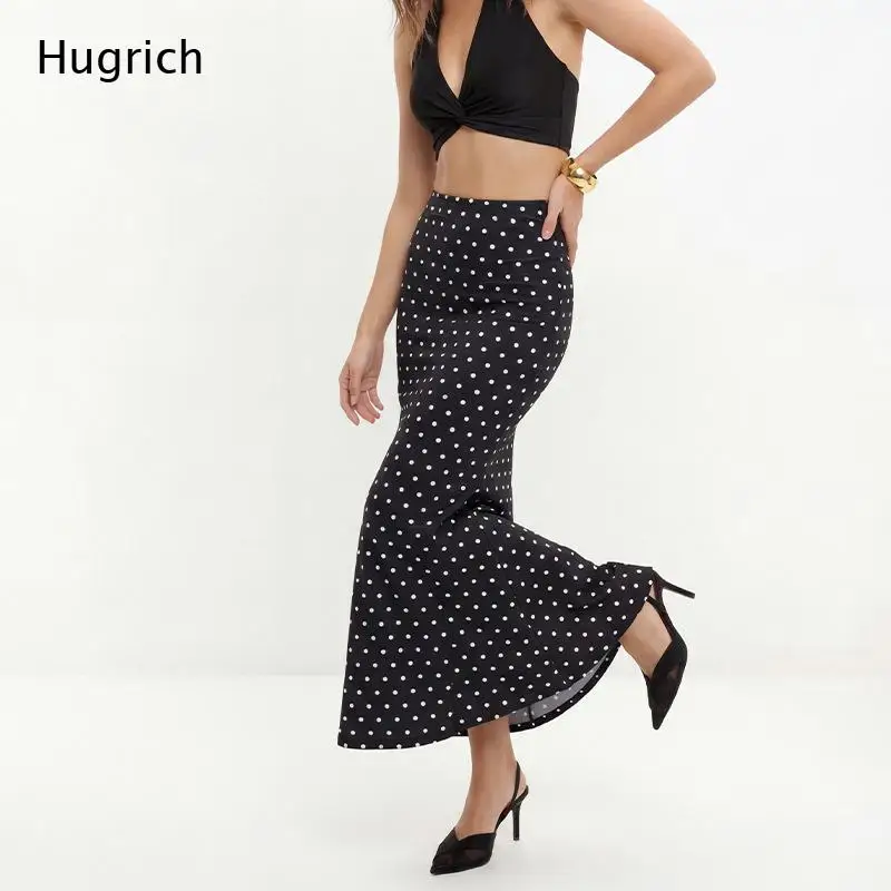 Black White Dot Print Midi Mermaid Skirt High Rise Pencil Style Flounce Hem Stretch Casual Skirt