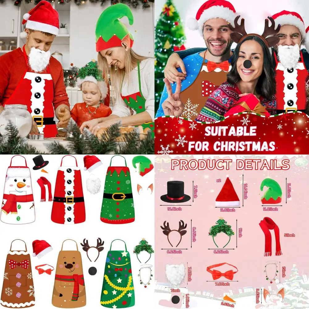 

Holiday Apron Set with Pockets, Festive Santa & Snowman Designs, Elf Headbands, Hats, and Beard Accessories