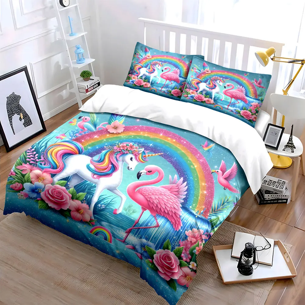 

Unicorn Flamingo Rainbow Decor Set Multiple sizes kid's and adults' bedroom Exquisite 3PC bedding set, gift