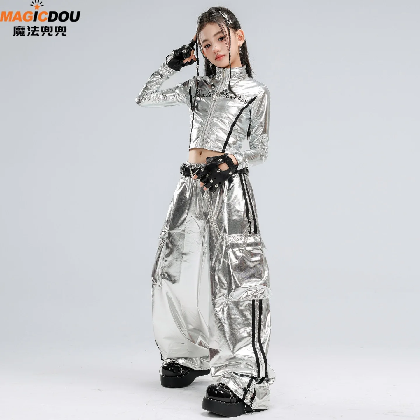 Girls Shiny Metallic Silver Zip Up Jacket Silver Leather Long Pants Outfit Kids Hip Hop Kpop Jazz Dance Stage Costume Streetwear