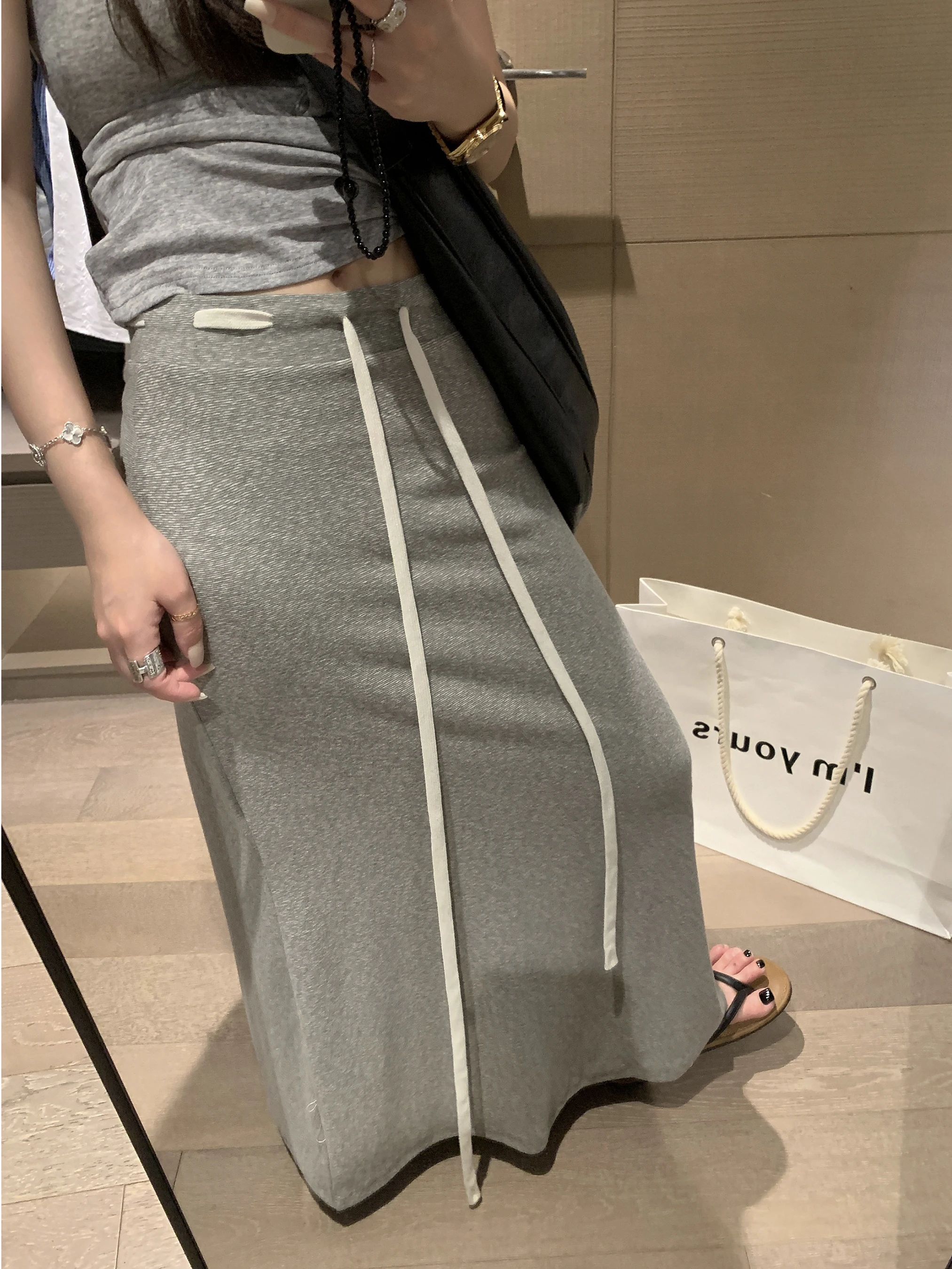 ay Dstring A-Linie Rock Damen Hohe Taille Lose Abnehmen Lazy Sle Drapey Einfacher f-langer Rock für den Frühherbst