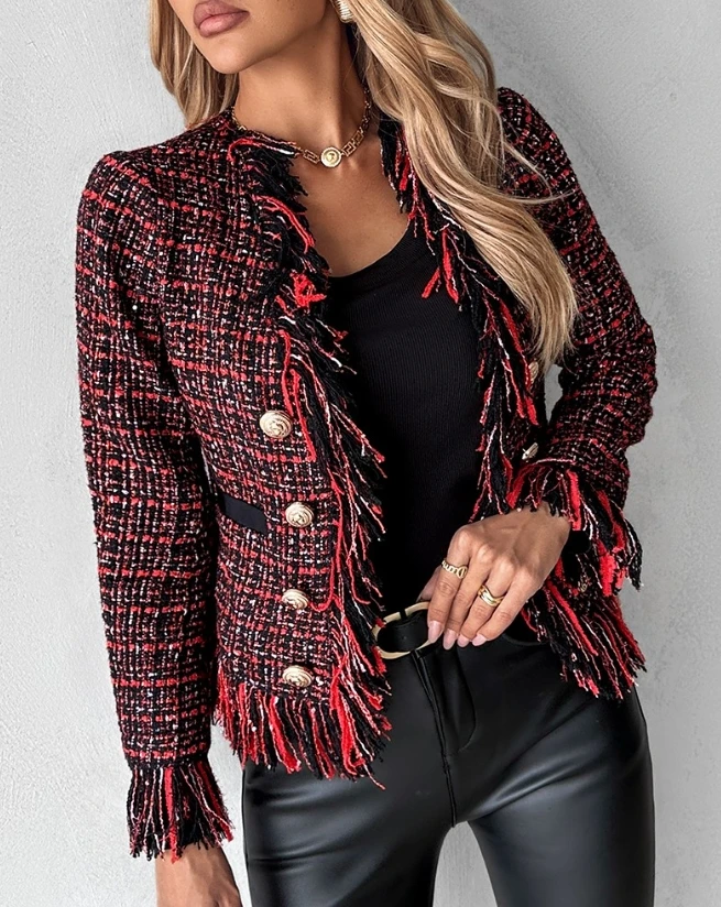 

2023 Autumn Winter Spring New Fashion Casual Elegant Tassel Design Buttoned Tweed Coat Female Clothing Outfits