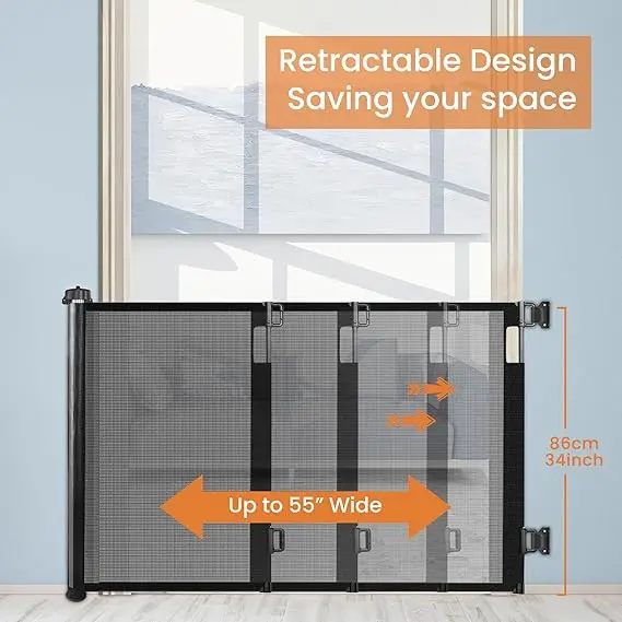 Stair Barrier and Home Safety Device, Baby Gates, Simples de usar, Atacado cerca de segurança retrátil para crianças, cerca retrátil