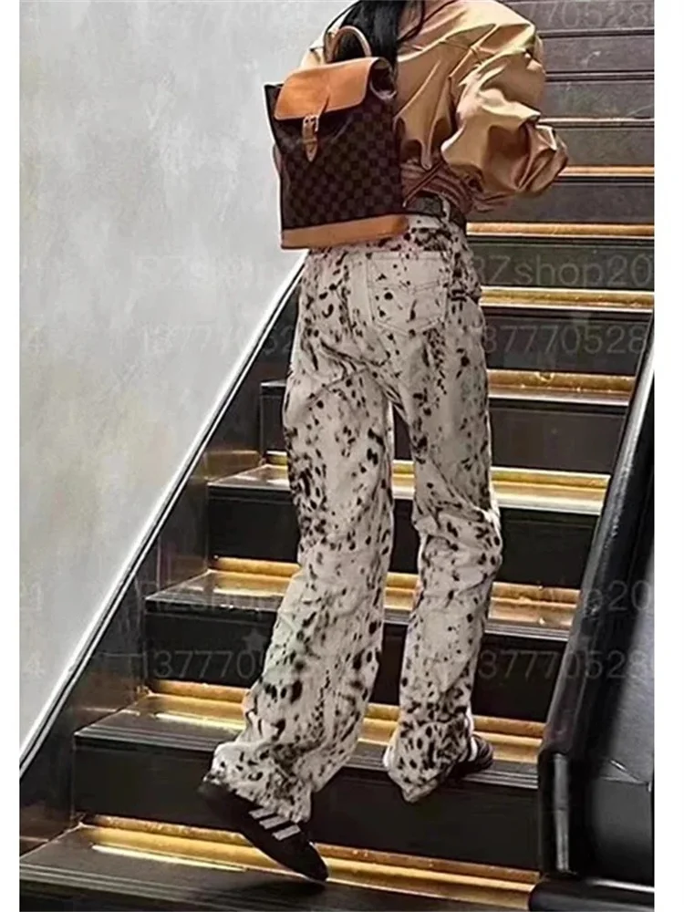 Leopard Print Straight Wide Leg Jeans Women High Waisted Retro Jeans Streetwear Y2k Vintage Pants High Street Denim Trousers