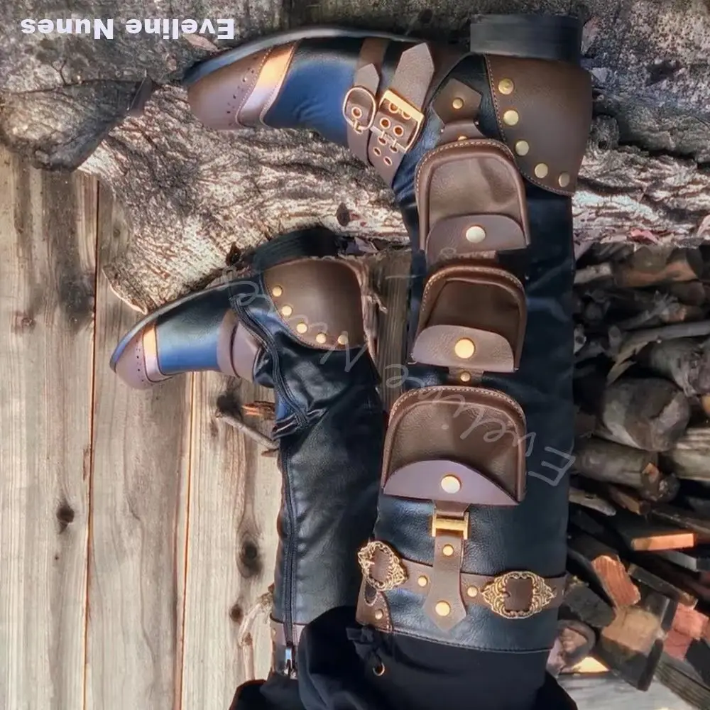 

Мужские ботинки до колена в стиле средневекового стимпанка и ретро с пряжками и карманами, вестерн-ботинки, новинка 2026 года, мужские косплей-ботинки больших размеров