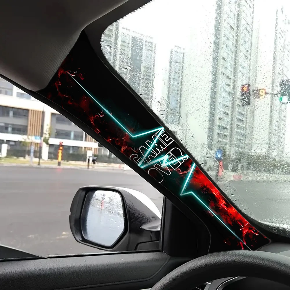 2-piece Game Over Pattern Self-Adhesive Car A-Pillar Trim Set, Elastic Fabric, Car Interior Accessories.