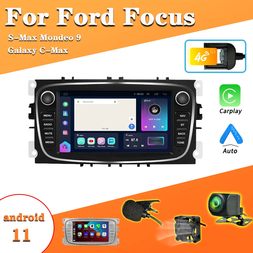 Car Android 11 CarPlay Radio Android auto Multimedia Player For Ford Focus S-Max Mondeo 9 Galaxy C-Max GPS Navigation Video 2Din