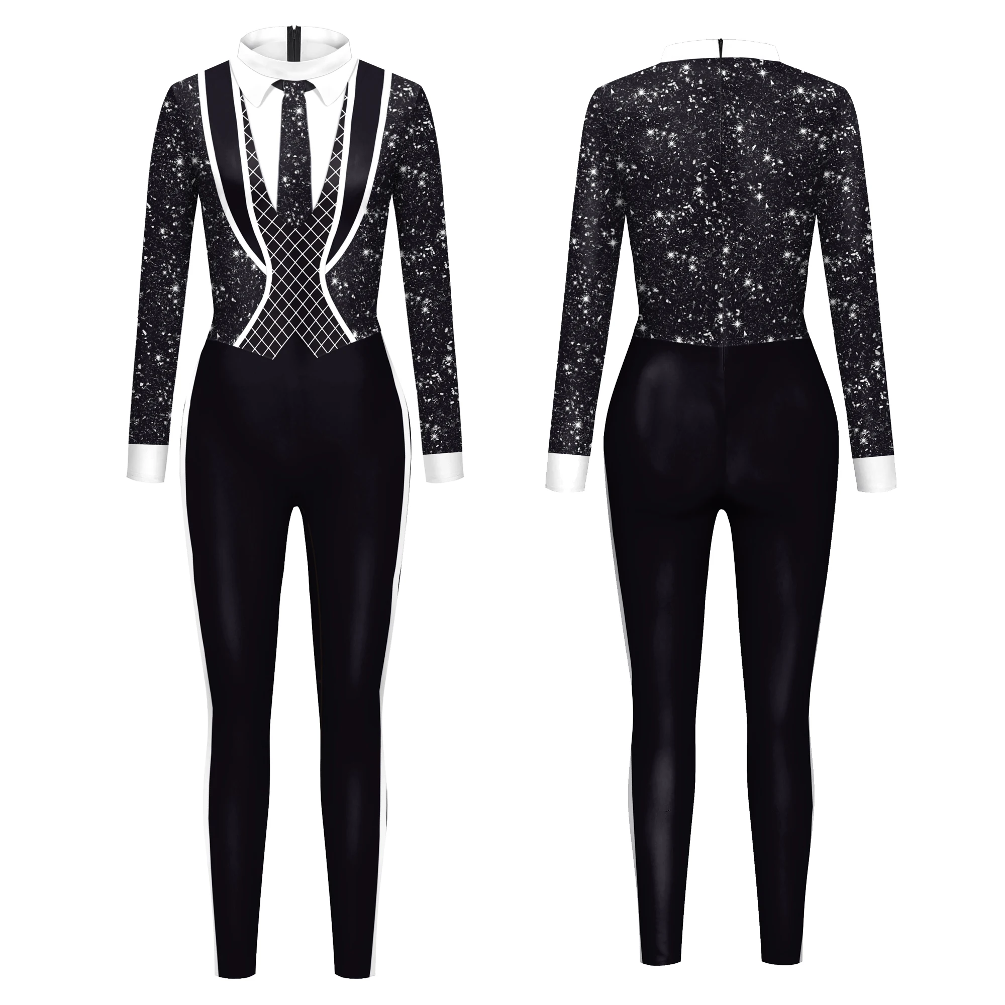 Formal Pants Suit Black and White Printed Spandex Catsuit Cosplay Carnival Party Fake Lapel Tie Zentai Cosplay Jumpsuit Dating