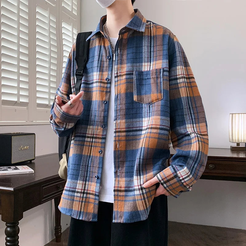

Retro Hong Kong Style Men's Long Sleeve Shirt Loose Fit Fashionable High Street Outerwear New Model Breathable Sun Protection